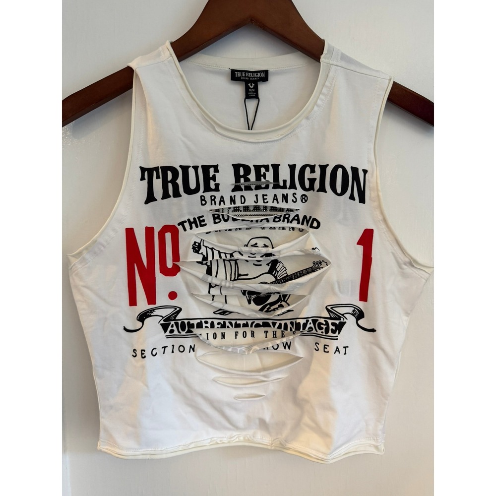 True Religion Tank Top Women M Layered Ripped 210238C Graphic White Distressed